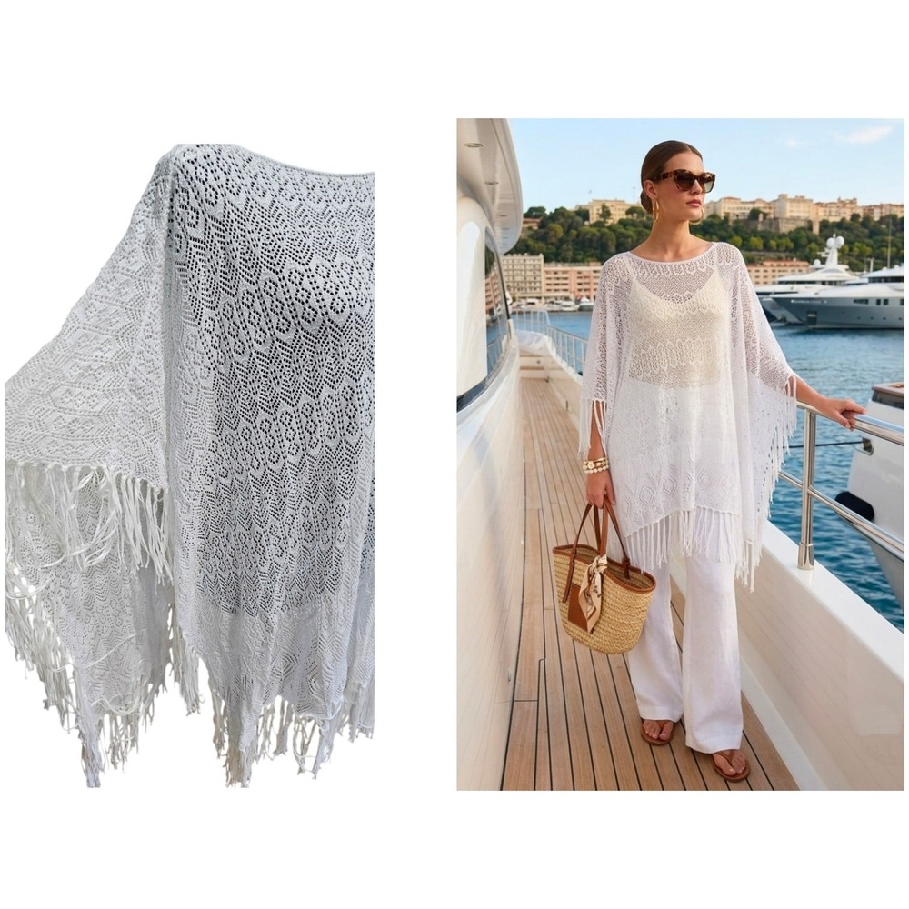 Lauren Ralph Lauren Crochet Poncho Women One Size White Excellent Fringe Boho